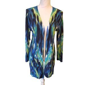 Chicos Open Front Long Cardigan Jacket Blue & Green Brushstroke Print Rayon Size